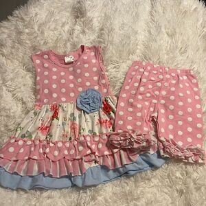 Small Boutique Polka Dot & Floral Girls Dress and Ruffle Shorts